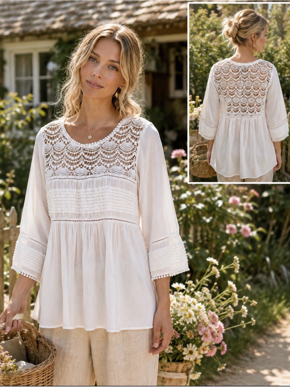 Karen Kane designs white lace accent babydoll style top